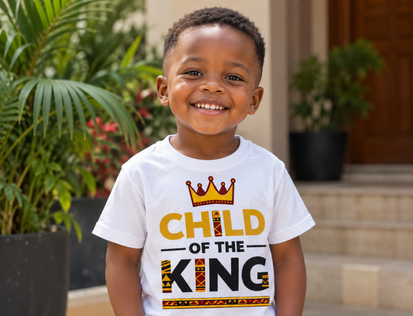 Nigerian child wearing a white Child of the King Christian kids shirt with crown design