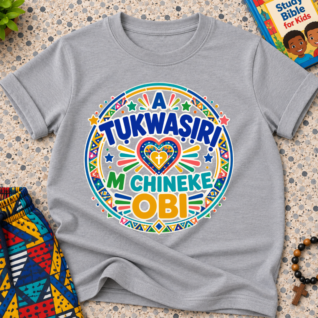 A Tukwasiri M Chineke Obi Igbo-language kids shirt in grey featuring colourful lettering, a heart motif, and circular decorative patterns
