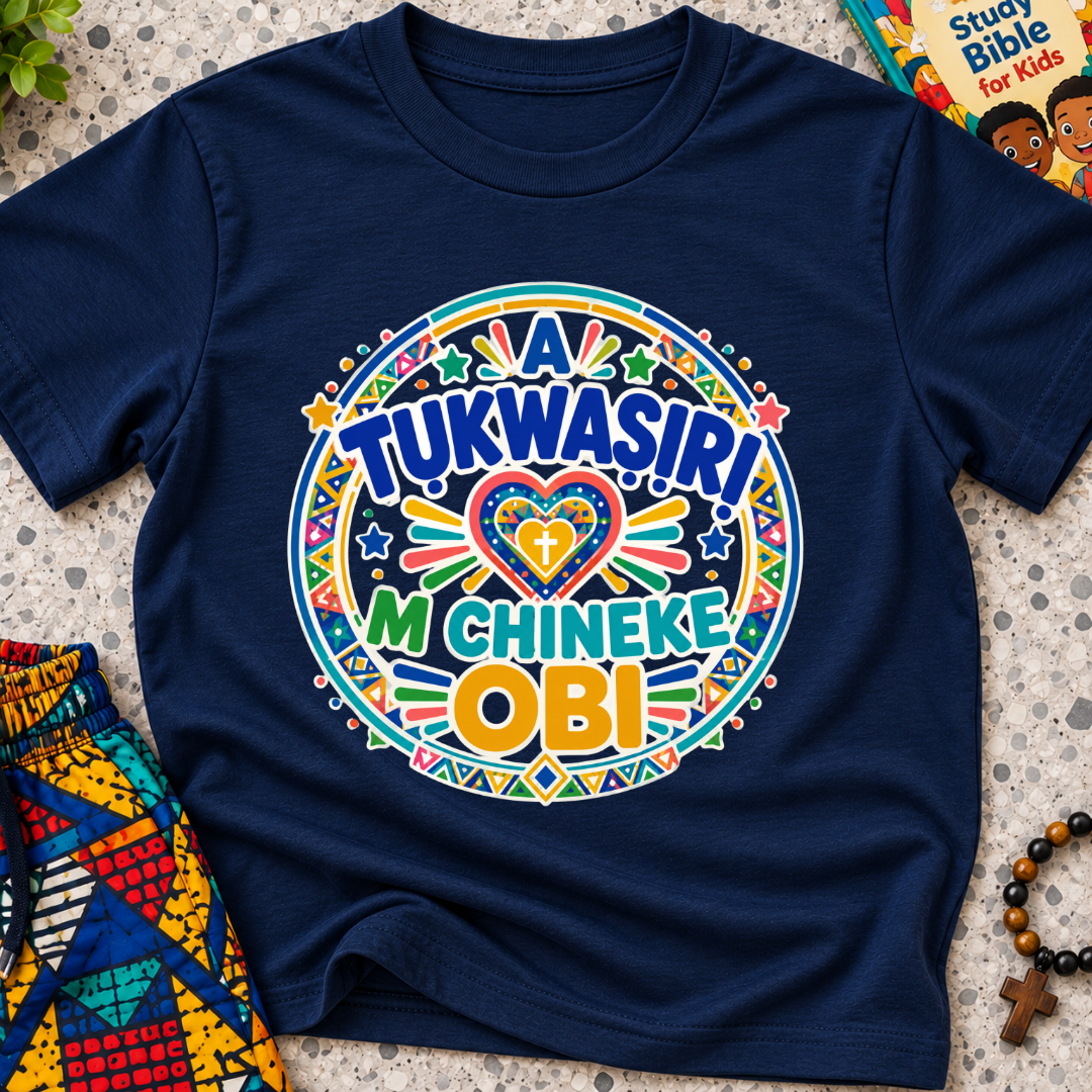 A Tukwasiri M Chineke Obi Igbo-language kids shirt in navy blue featuring colourful lettering, a heart motif, and circular decorative patterns
