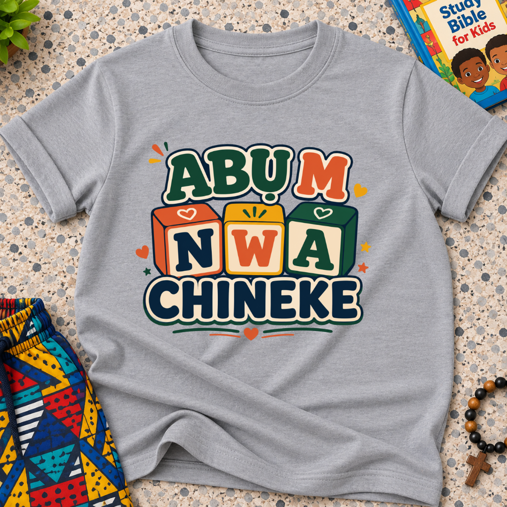 Abụ M Nwa Chineke Igbo Christian kids shirt in grey featuring colourful block lettering and decorative accents

