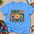 Abụ M Nwa Chineke Igbo Christian kids shirt in light blue featuring colourful block lettering and decorative accents

