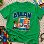 Allah Ne Ƙarfina Hausa-language kids shirt in green featuring bold lettering and a child beside colourful blocks
