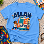 Allah Ne Ƙarfina Hausa-language kids shirt in light blue featuring bold lettering and a child beside colourful blocks
