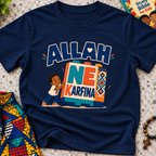 Allah Ne Ƙarfina Hausa-language kids shirt in navy blue featuring bold lettering and a child beside colourful blocks
