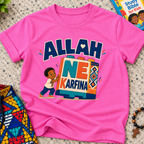 Allah Ne Ƙarfina Hausa-language kids shirt in pink featuring bold lettering and a child beside colourful blocks

