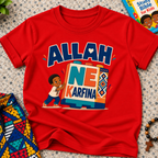 Allah Ne Ƙarfina Hausa-language kids shirt in red featuring bold lettering and a child beside colourful blocks
