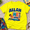 Allah Ne Ƙarfina Hausa-language kids shirt in yellow featuring bold lettering and a child beside colourful blocks
