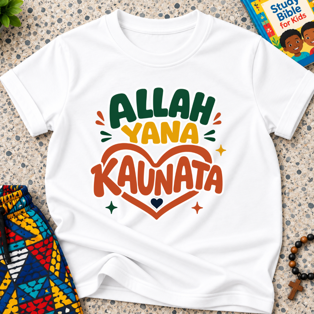 Allah Yana Ƙaunata Hausa-language kids shirt in white featuring bold lettering and a colourful heart-shaped design
