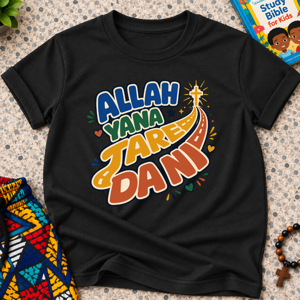 Allah Yana Jare Dani Hausa-language kids shirt in black featuring colourful lettering and decorative artwork
