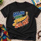 Allah Yana Jare Dani Hausa-language kids shirt in black featuring colourful lettering and decorative artwork
