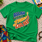 Allah Yana Jare Dani Hausa-language kids shirt in green featuring colourful lettering and decorative artwork
