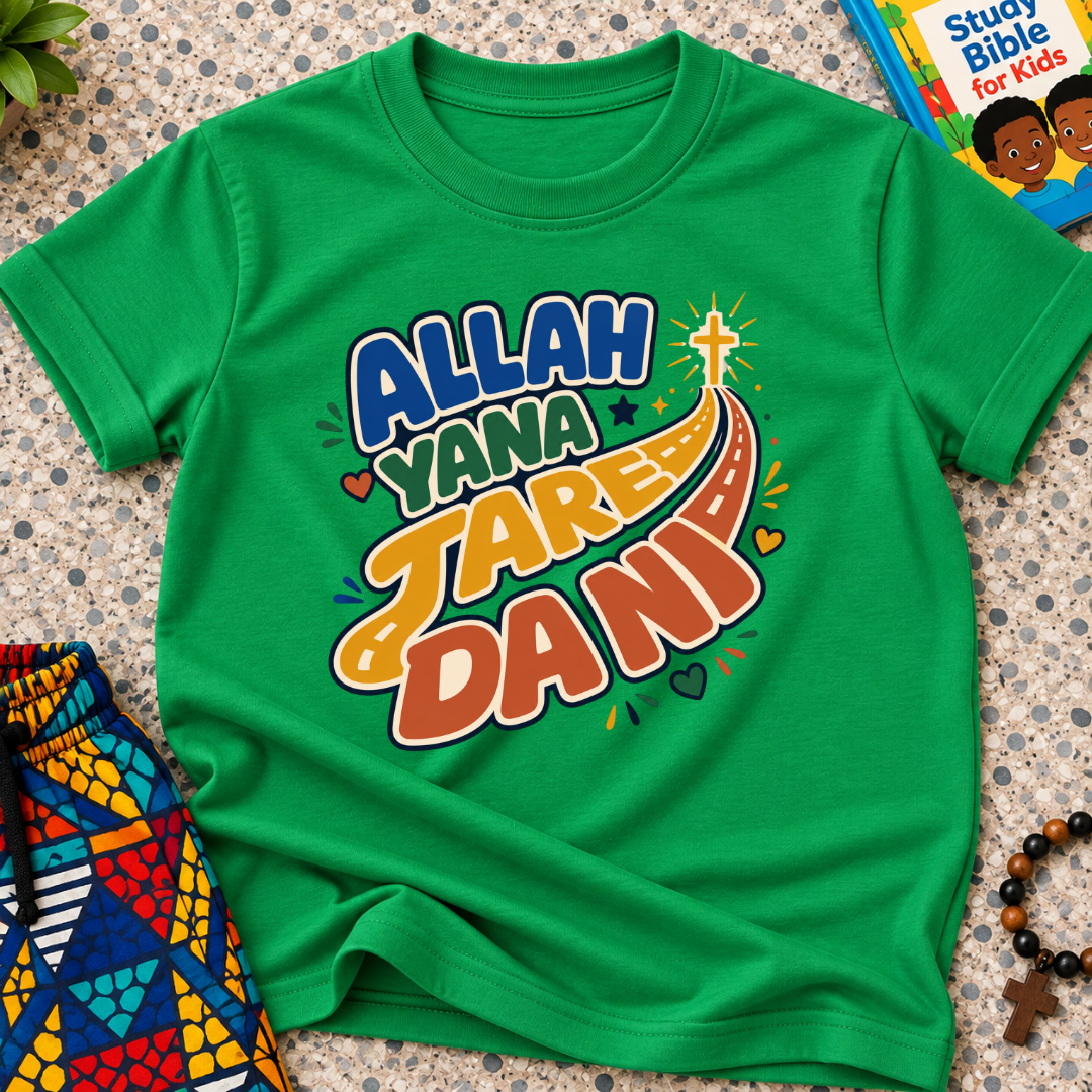 Allah Yana Jare Dani Hausa-language kids shirt in green featuring colourful lettering and decorative artwork
