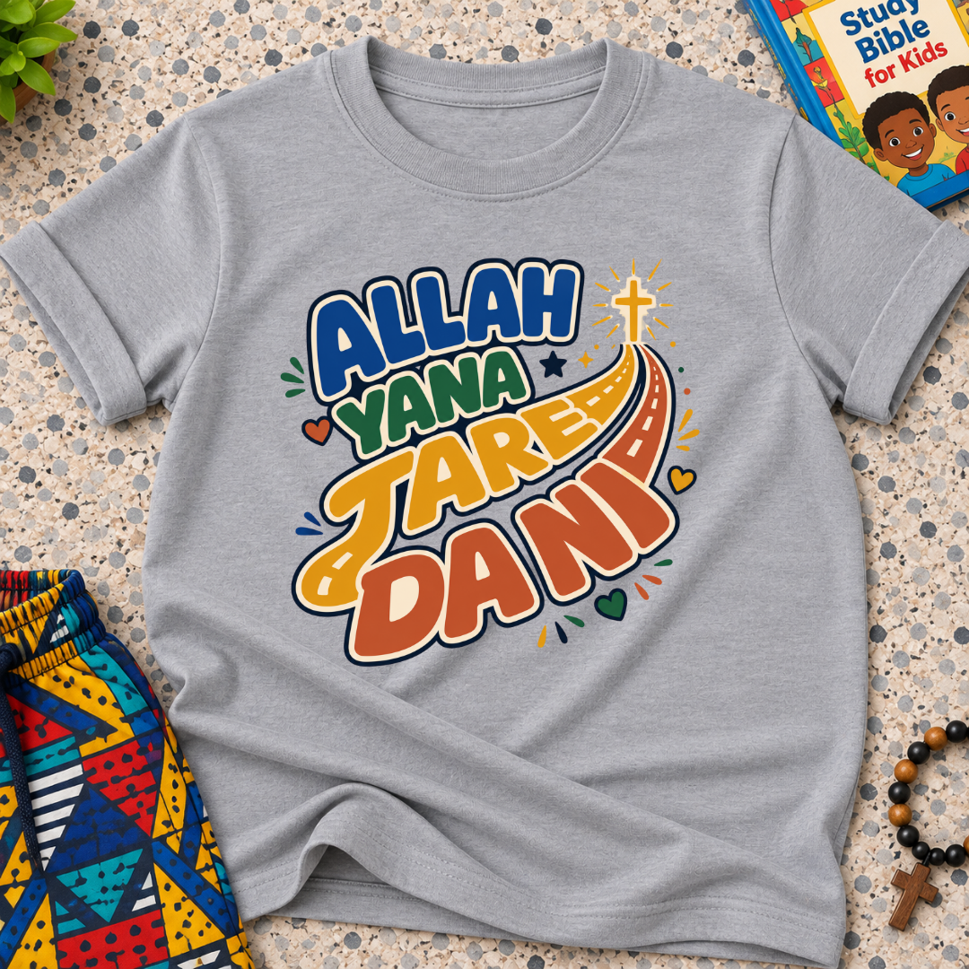Allah Yana Jare Dani Hausa-language kids shirt in grey featuring colourful lettering and decorative artwork
