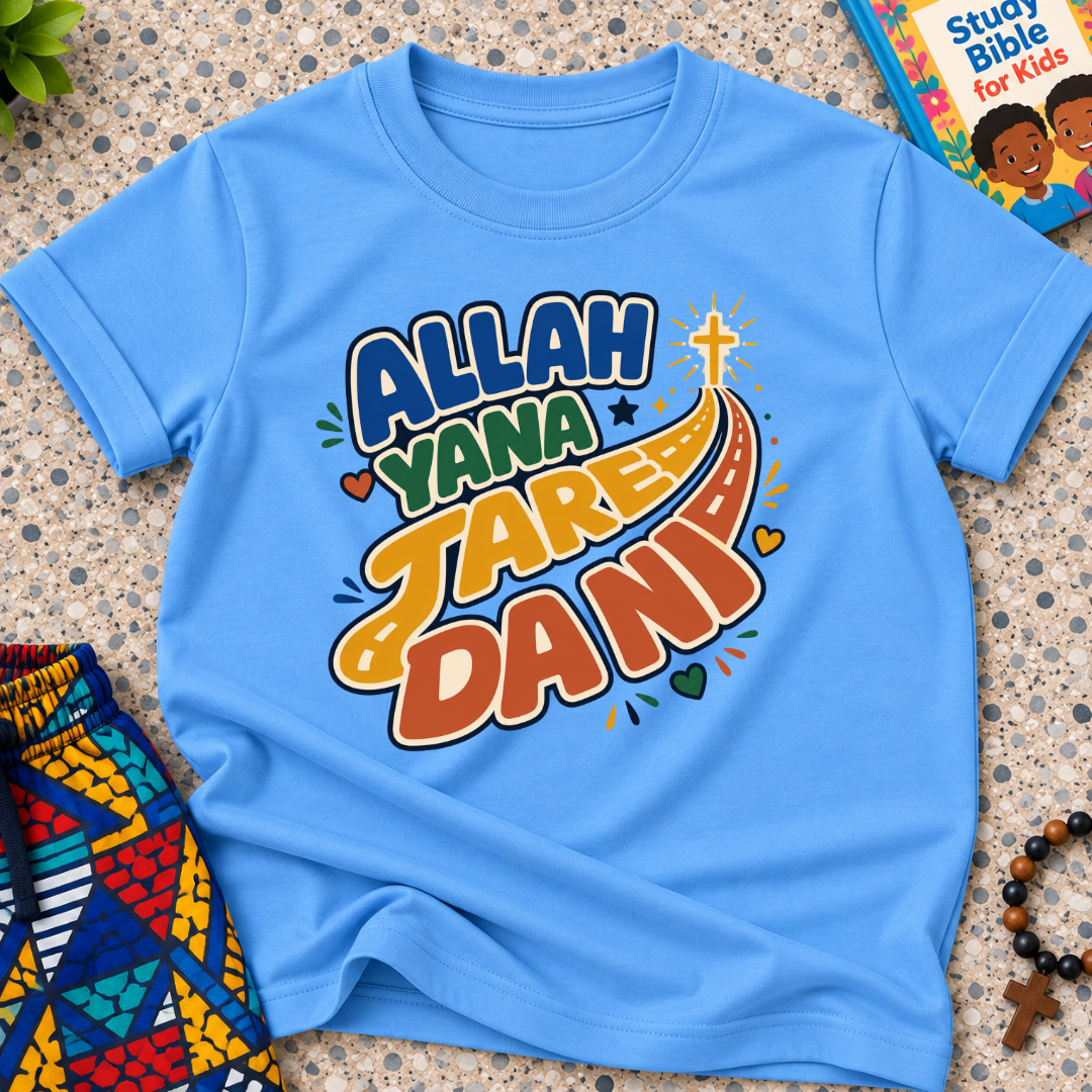 Allah Yana Jare Dani Hausa-language kids shirt in light blue featuring colourful lettering and decorative artwork
