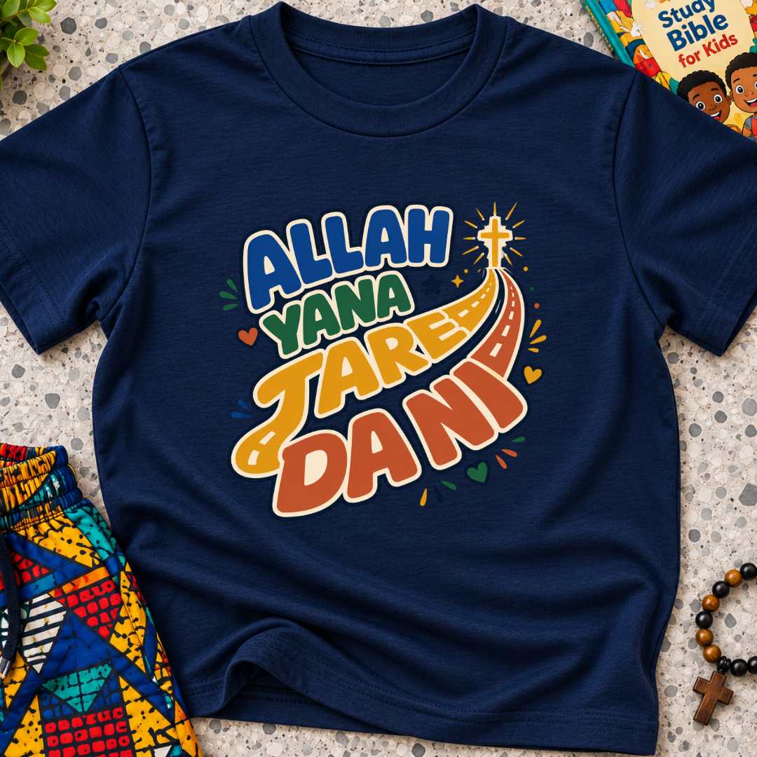 Allah Yana Jare Dani Hausa-language kids shirt in navy blue featuring colourful lettering and decorative artwork
