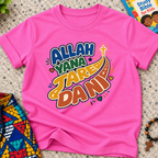 Allah Yana Jare Dani Hausa-language kids shirt in pink featuring colourful lettering and decorative artwork
