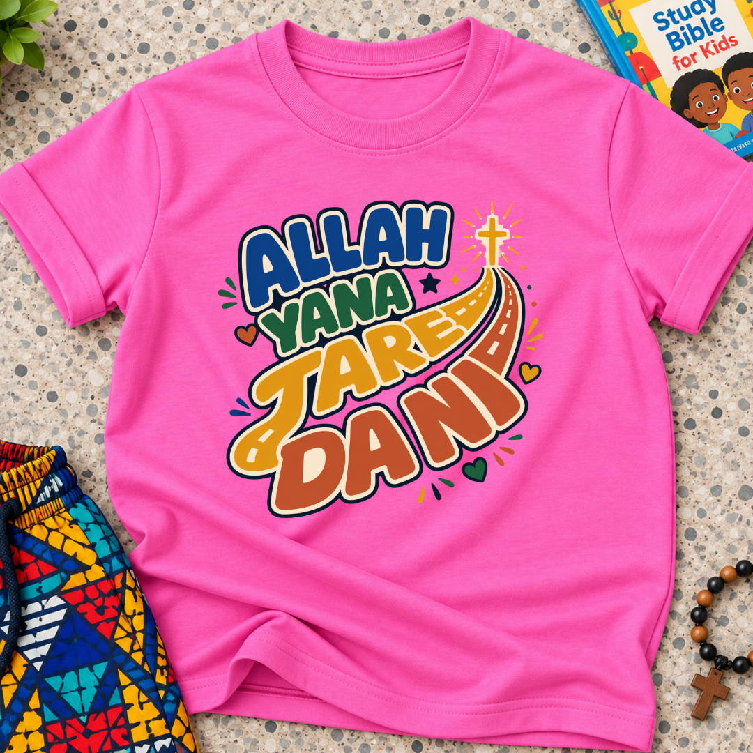 Allah Yana Jare Dani Hausa-language kids shirt in pink featuring colourful lettering and decorative artwork
