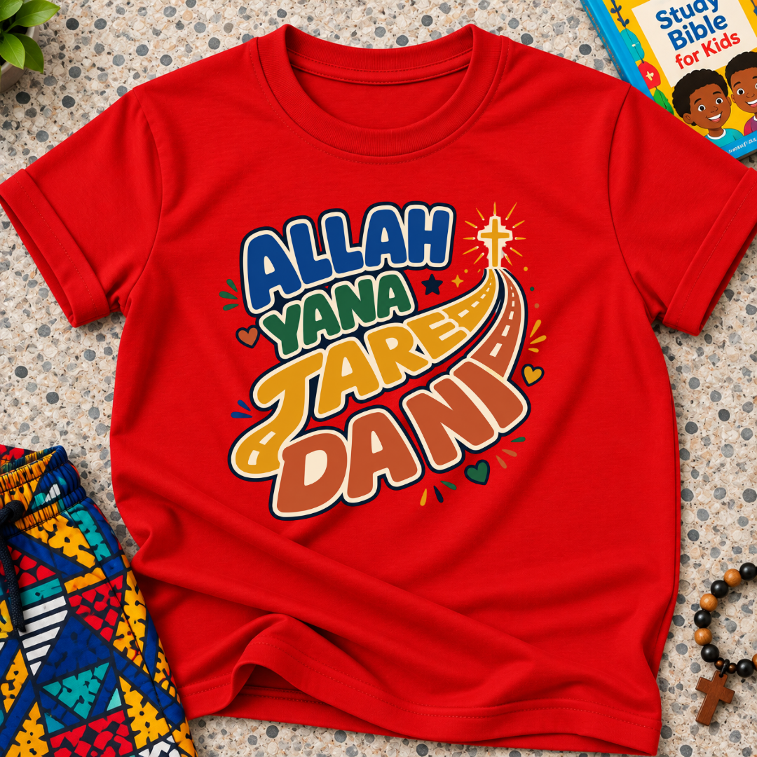 Allah Yana Jare Dani Hausa-language kids shirt in red featuring colourful lettering and decorative artwork
