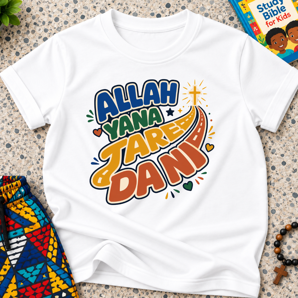Allah Yana Jare Dani Hausa-language kids shirt in white featuring colourful lettering and decorative artwork
