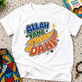 Allah Yana Jare Dani Hausa-language kids shirt in white featuring colourful lettering and decorative artwork
