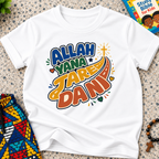 Allah Yana Jare Dani Hausa-language kids shirt in white featuring colourful lettering and decorative artwork
