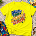 Allah Yana Jare Dani Hausa-language kids shirt in yellow featuring colourful lettering and decorative artwork
