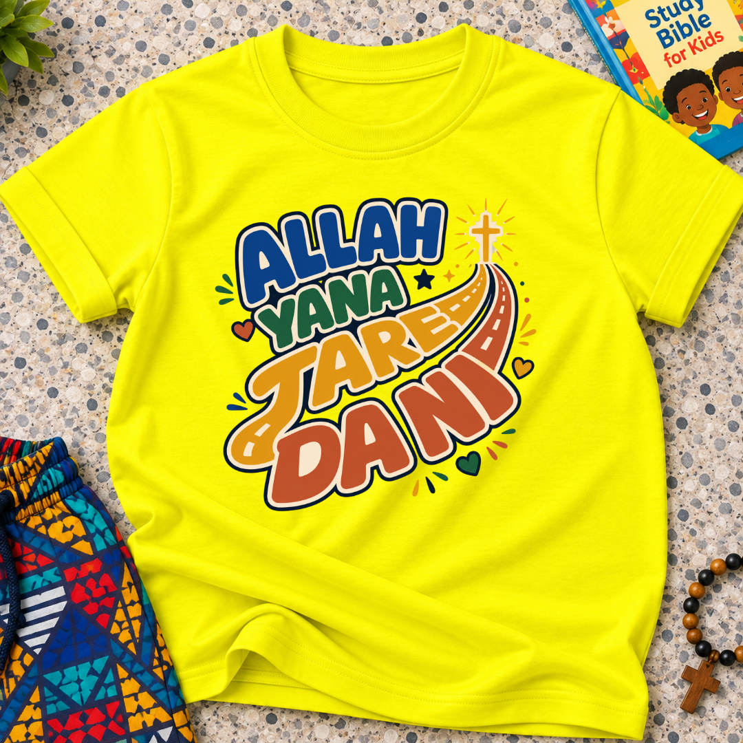 Allah Yana Jare Dani Hausa-language kids shirt in yellow featuring colourful lettering and decorative artwork
