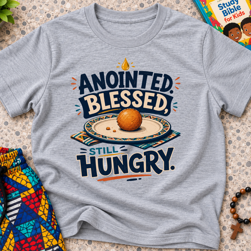 Anointed Blessed Still Hungry Christian kids shirt in grey featuring bold lettering and food-inspired artwork
