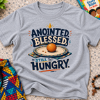 Anointed Blessed Still Hungry Christian kids shirt in grey featuring bold lettering and food-inspired artwork
