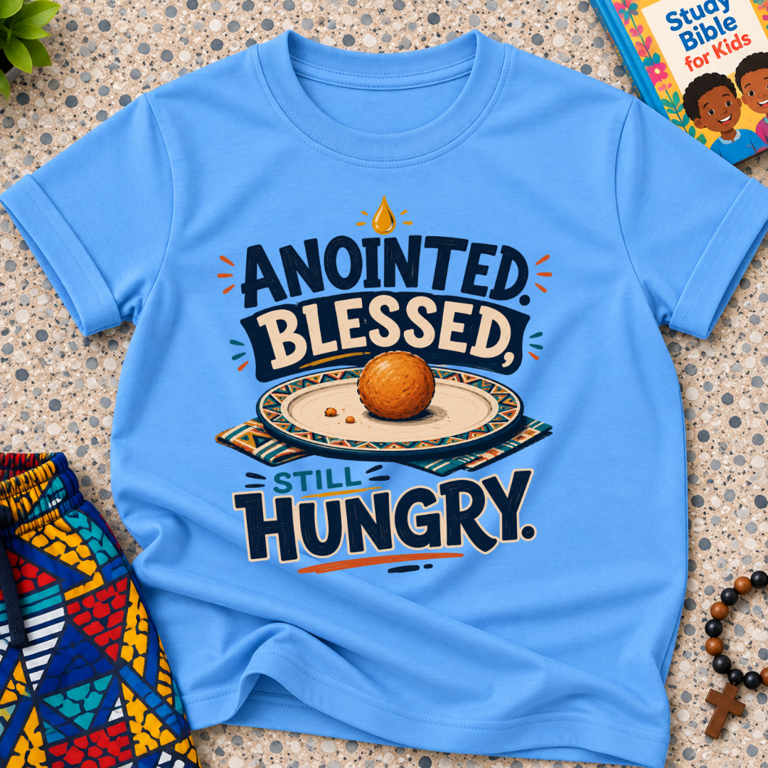 Anointed Blessed Still Hungry Christian kids shirt in light blue featuring bold lettering and food-inspired artwork
