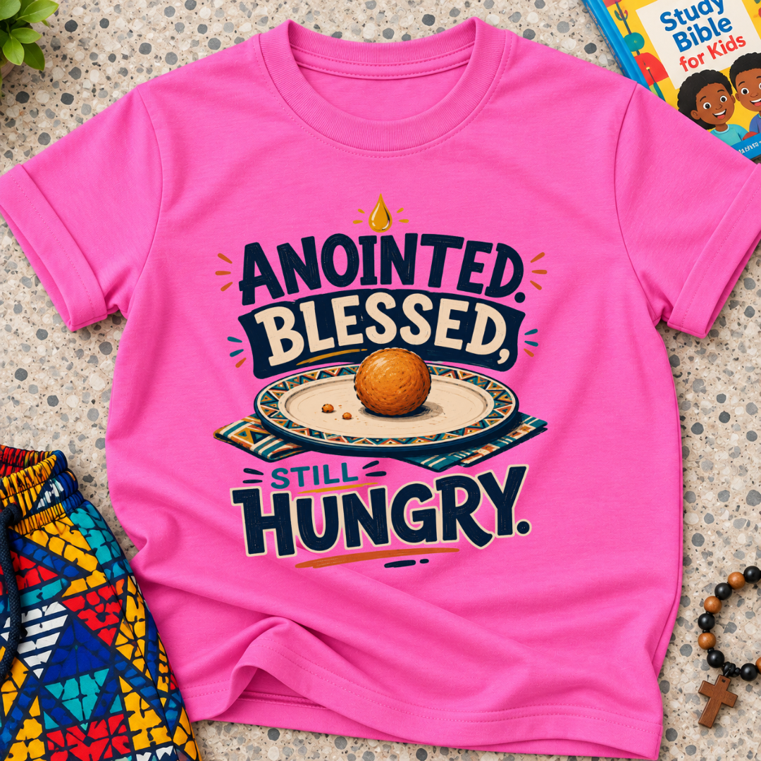 Anointed Blessed Still Hungry Christian kids shirt in pink featuring bold lettering and food-inspired artwork
