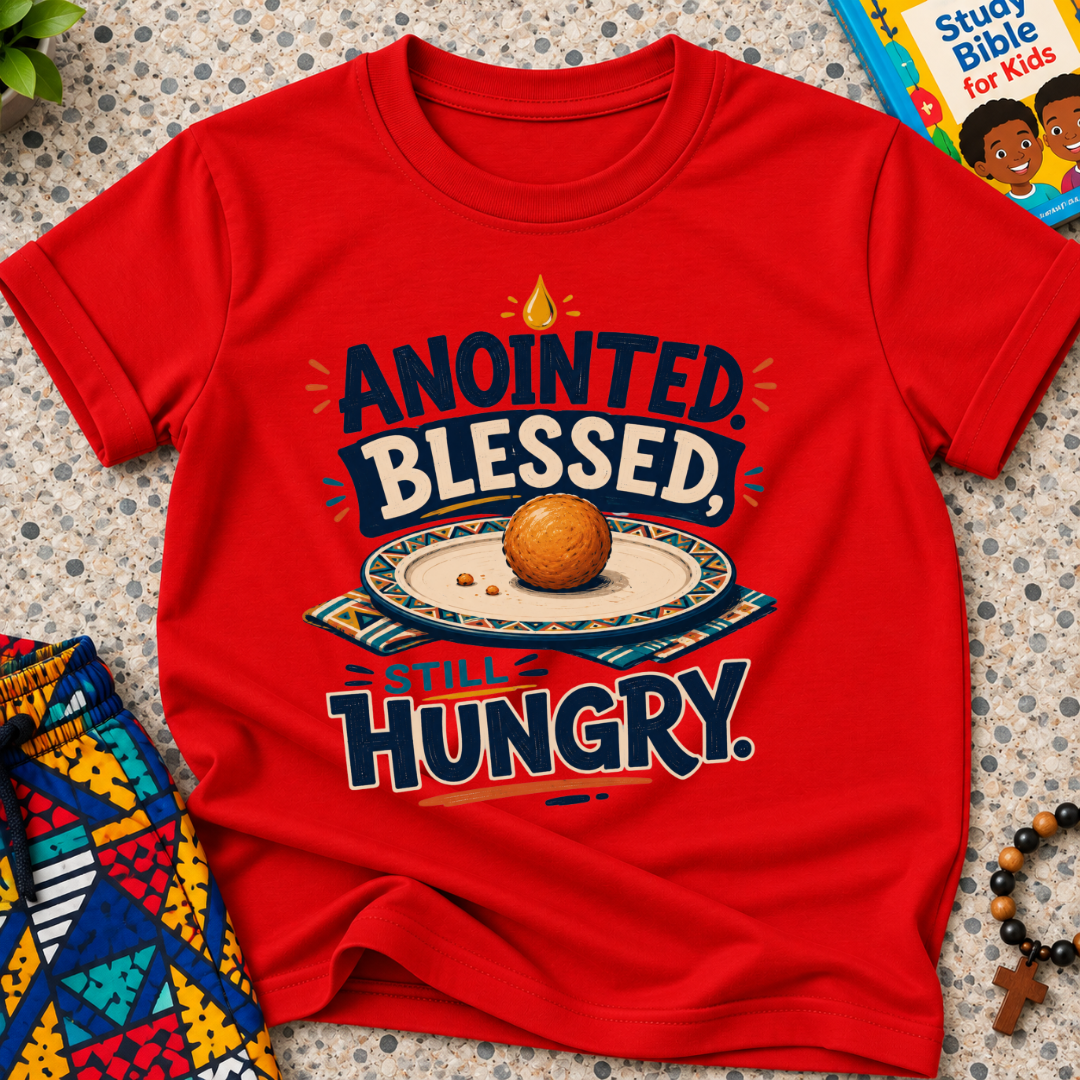Anointed Blessed Still Hungry Christian kids shirt in red featuring bold lettering and food-inspired artwork
