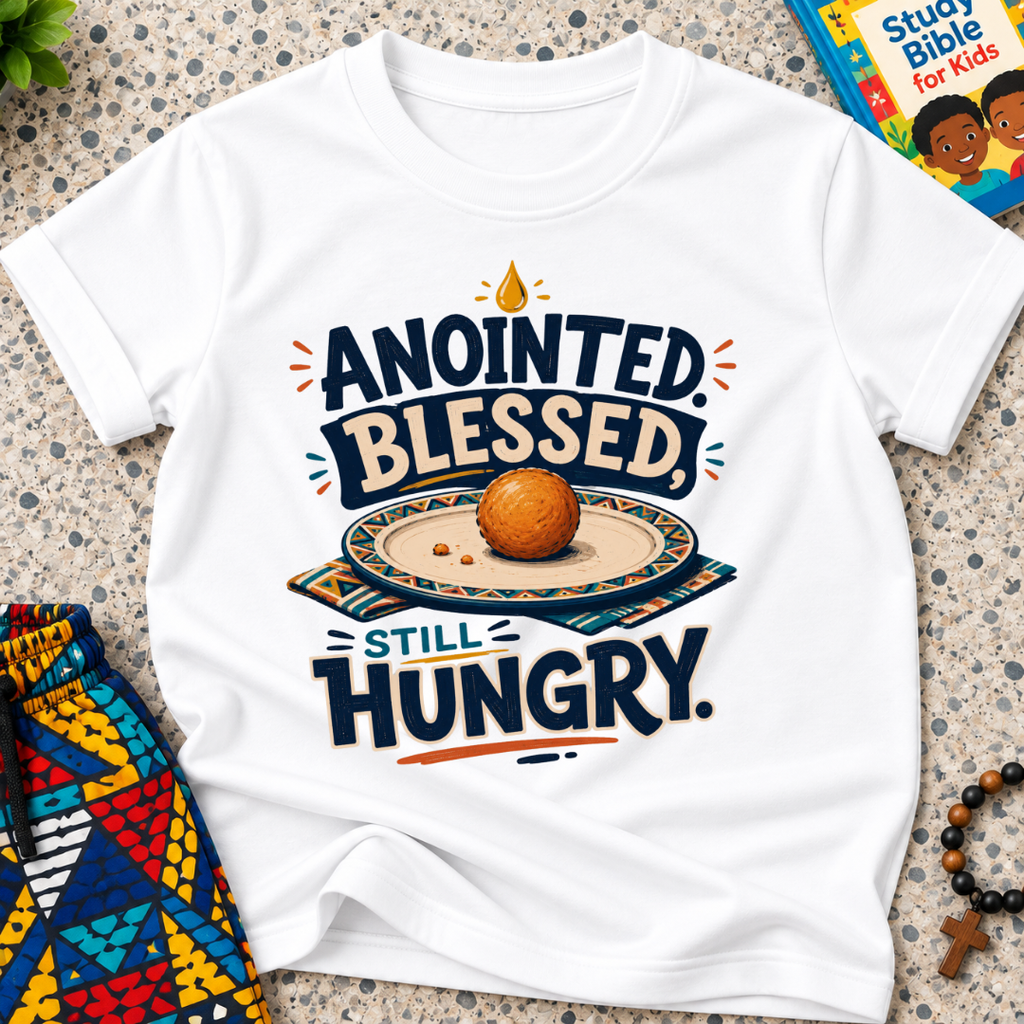 Anointed Blessed Still Hungry Christian kids shirt in white featuring bold lettering and food-inspired artwork
