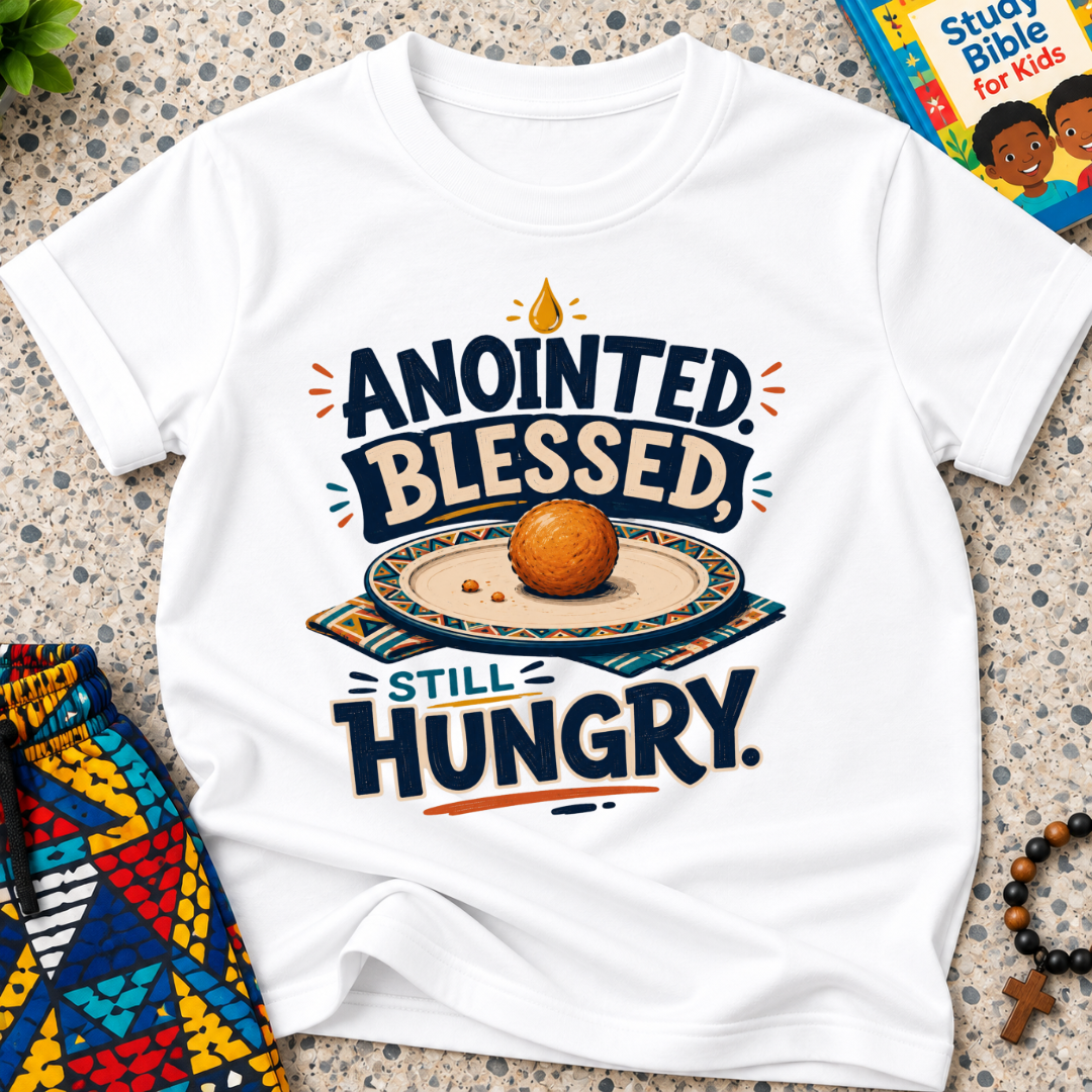 Anointed Blessed Still Hungry Christian kids shirt in white featuring bold lettering and food-inspired artwork
