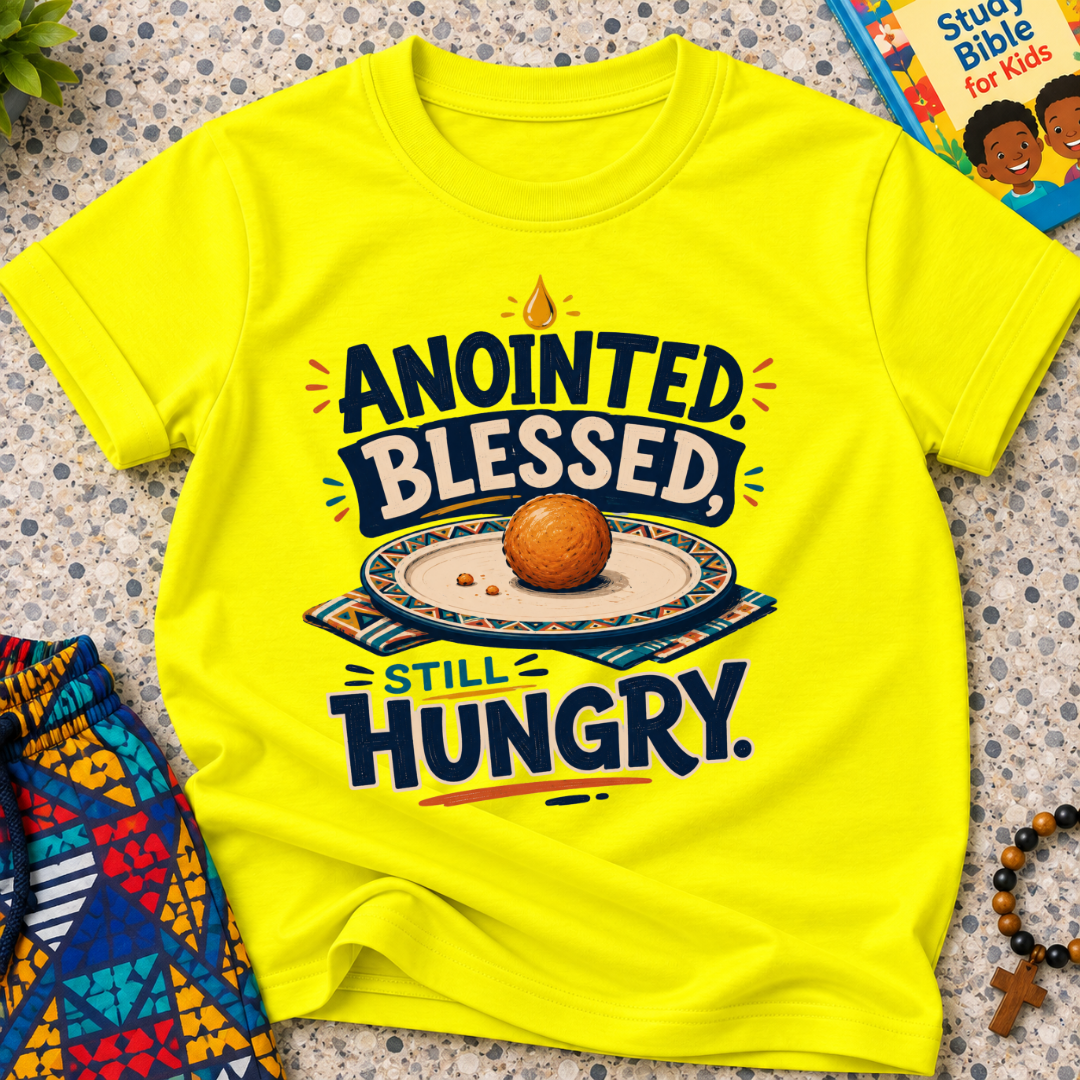 Anointed Blessed Still Hungry Christian kids shirt in yellow featuring bold lettering and food-inspired artwork
