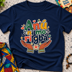Anụ Ni mo ri Gba kids shirt in navy blue featuring colourful lettering, raised hands, and decorative artwork
