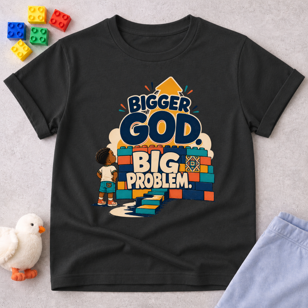 Bigger God, Big Problem Christian kids shirt in black featuring children, colourful blocks, and a faith message
