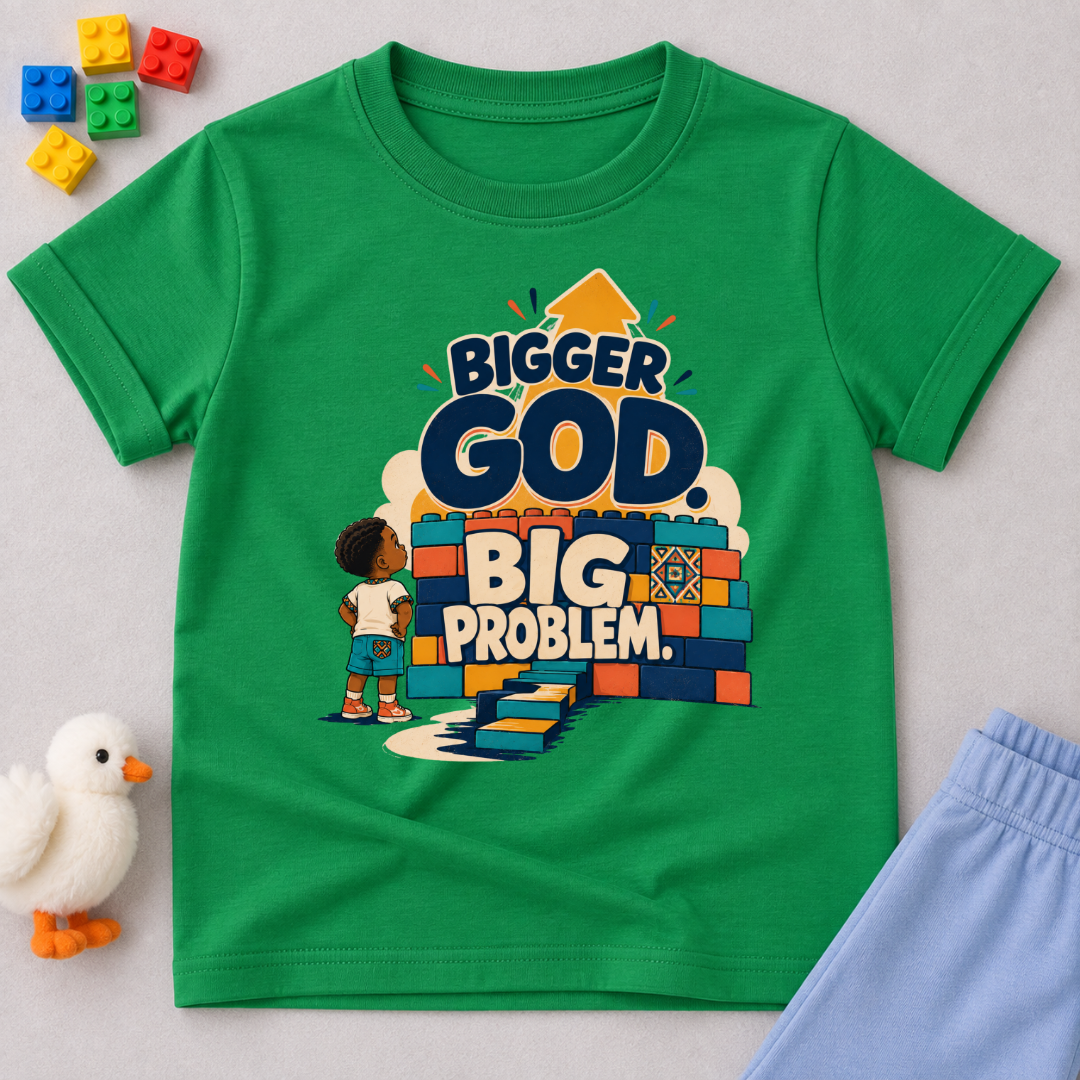 Bigger God, Big Problem Christian kids shirt in green featuring children, colourful blocks, and a faith message
