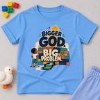 Bigger God, Big Problem Christian kids shirt in light blue featuring children, colourful blocks, and a faith message

