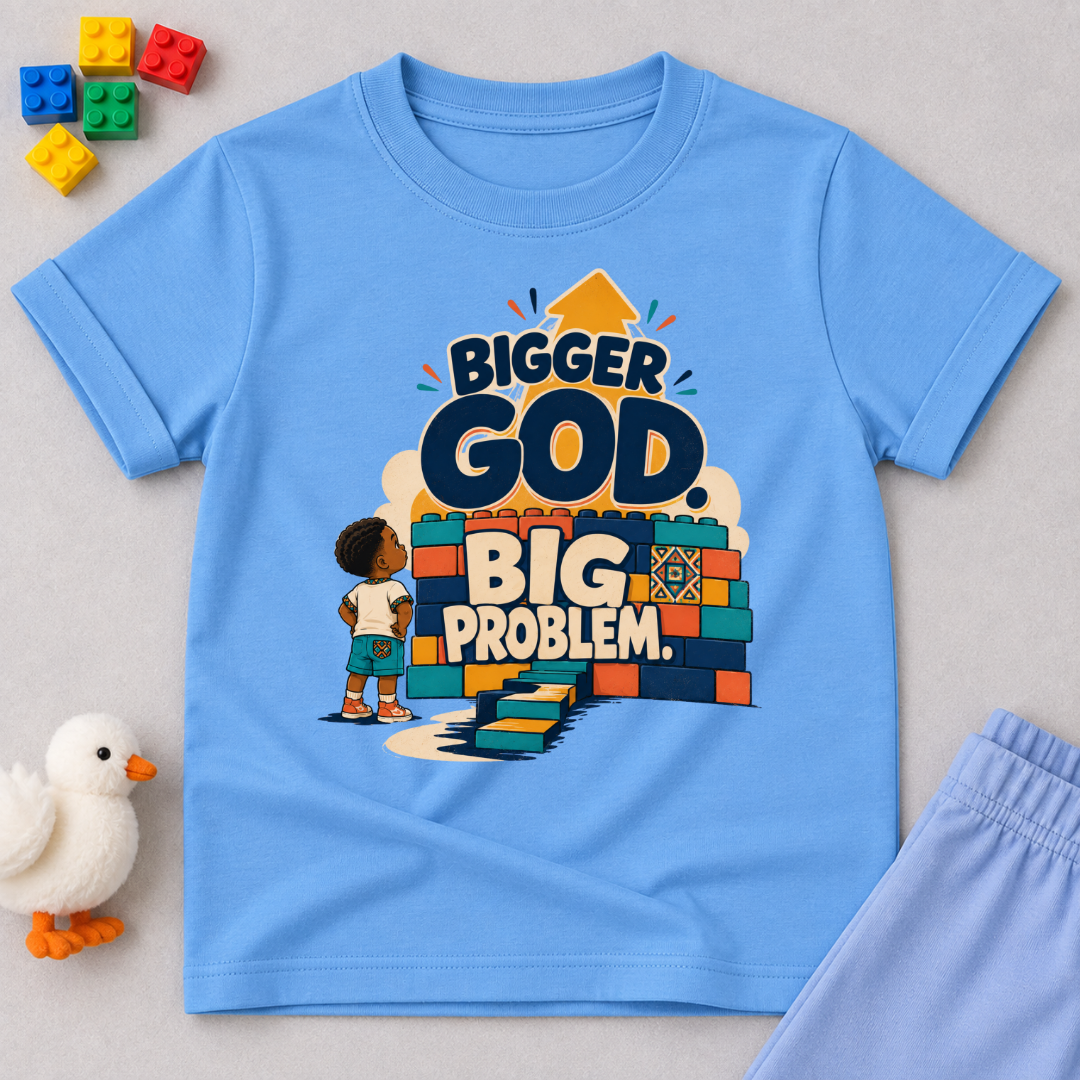 Bigger God, Big Problem Christian kids shirt in light blue featuring children, colourful blocks, and a faith message

