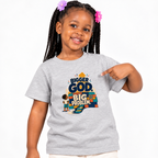 Bigger God, Big Problem Christian kids shirt in light grey featuring children, colourful blocks, and a faith message
