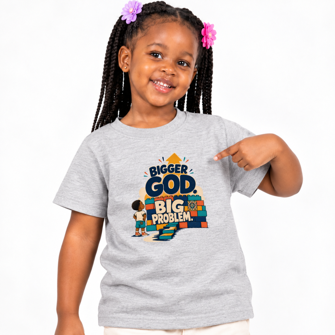 Bigger God, Big Problem Christian kids shirt in light grey featuring children, colourful blocks, and a faith message
