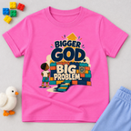 Bigger God, Big Problem Christian kids shirt in pink featuring children, colourful blocks, and a faith message
