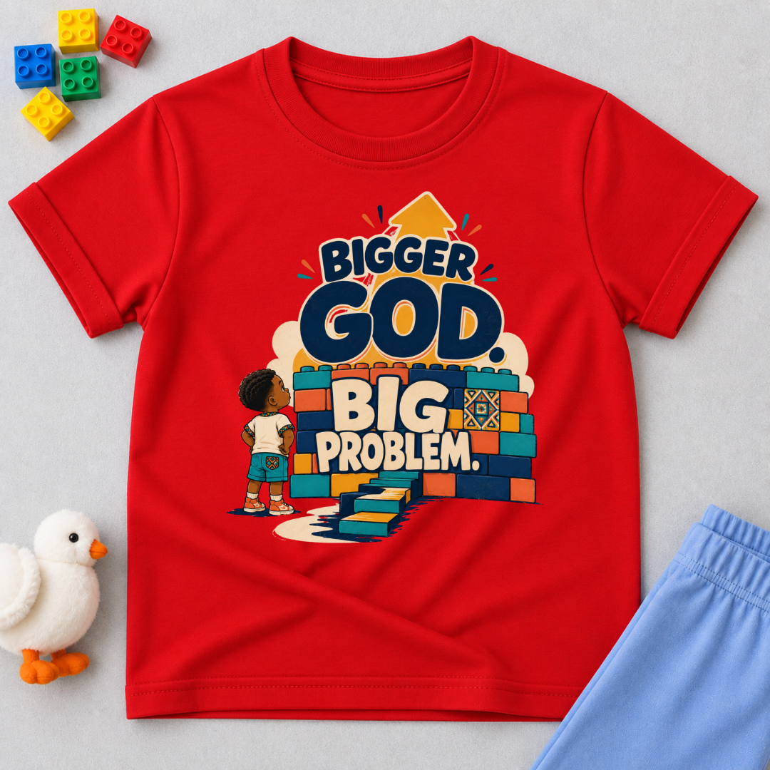 Bigger God, Big Problem Christian kids shirt in red featuring children, colourful blocks, and a faith message
