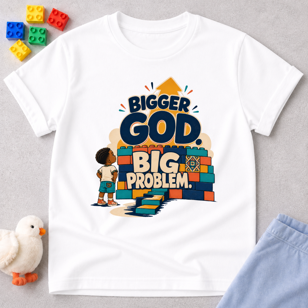 Bigger God, Big Problem Christian kids shirt in white featuring children, colourful blocks, and a faith message
