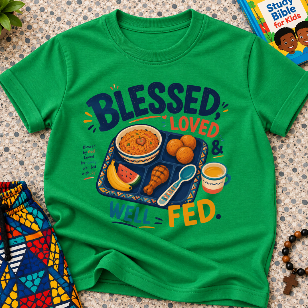 Blessed Loved and Well Fed Christian kids shirt in green featuring colourful food and family-inspired artwork
