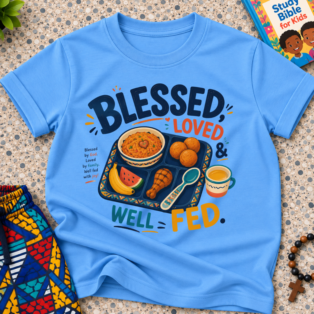 Blessed Loved and Well Fed Christian kids shirt in light blue featuring colourful food and family-inspired artwork
