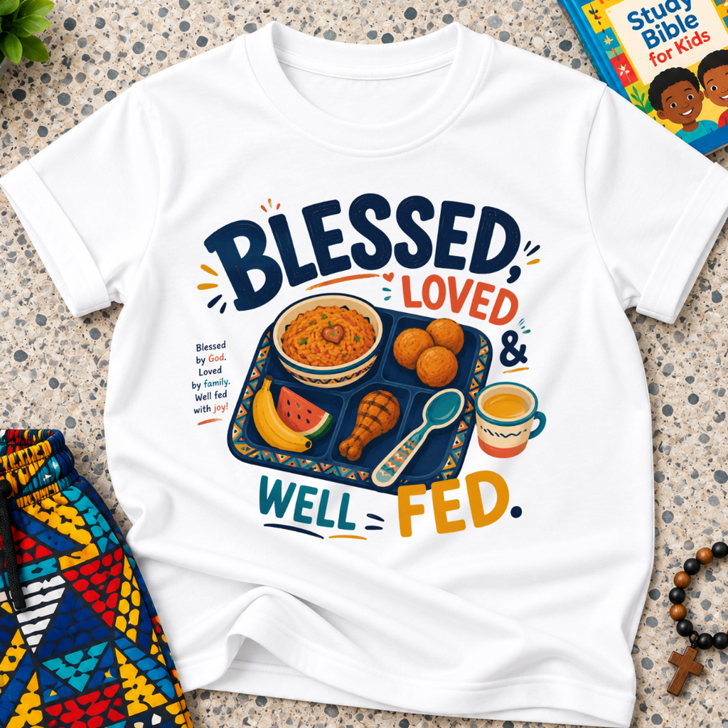 Blessed Loved and Well Fed Christian kids shirt in white featuring colourful food and family-inspired artwork
