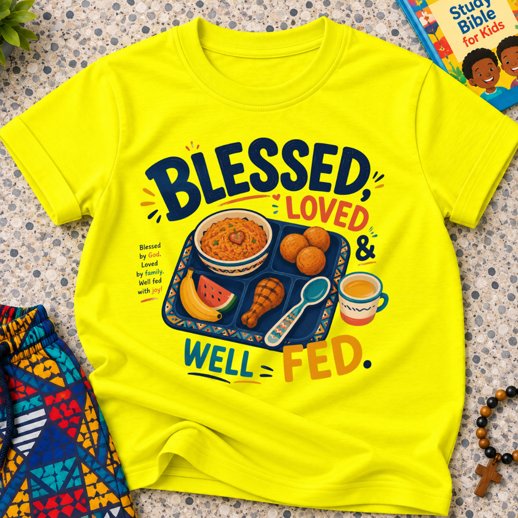 Blessed Loved and Well Fed Christian kids shirt in yellow featuring colourful food and family-inspired artwork
