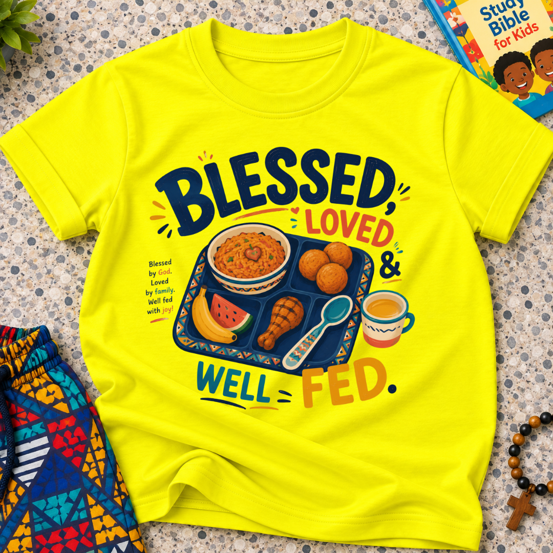 Blessed Loved and Well Fed Christian kids shirt in yellow featuring colourful food and family-inspired artwork
